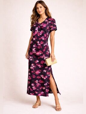 Ted Baker Floral Maxi Dress V Neck Stretch Lounge Casual Pink Black M New